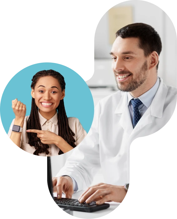 collage photo of a doctor and woman pointing at her watch