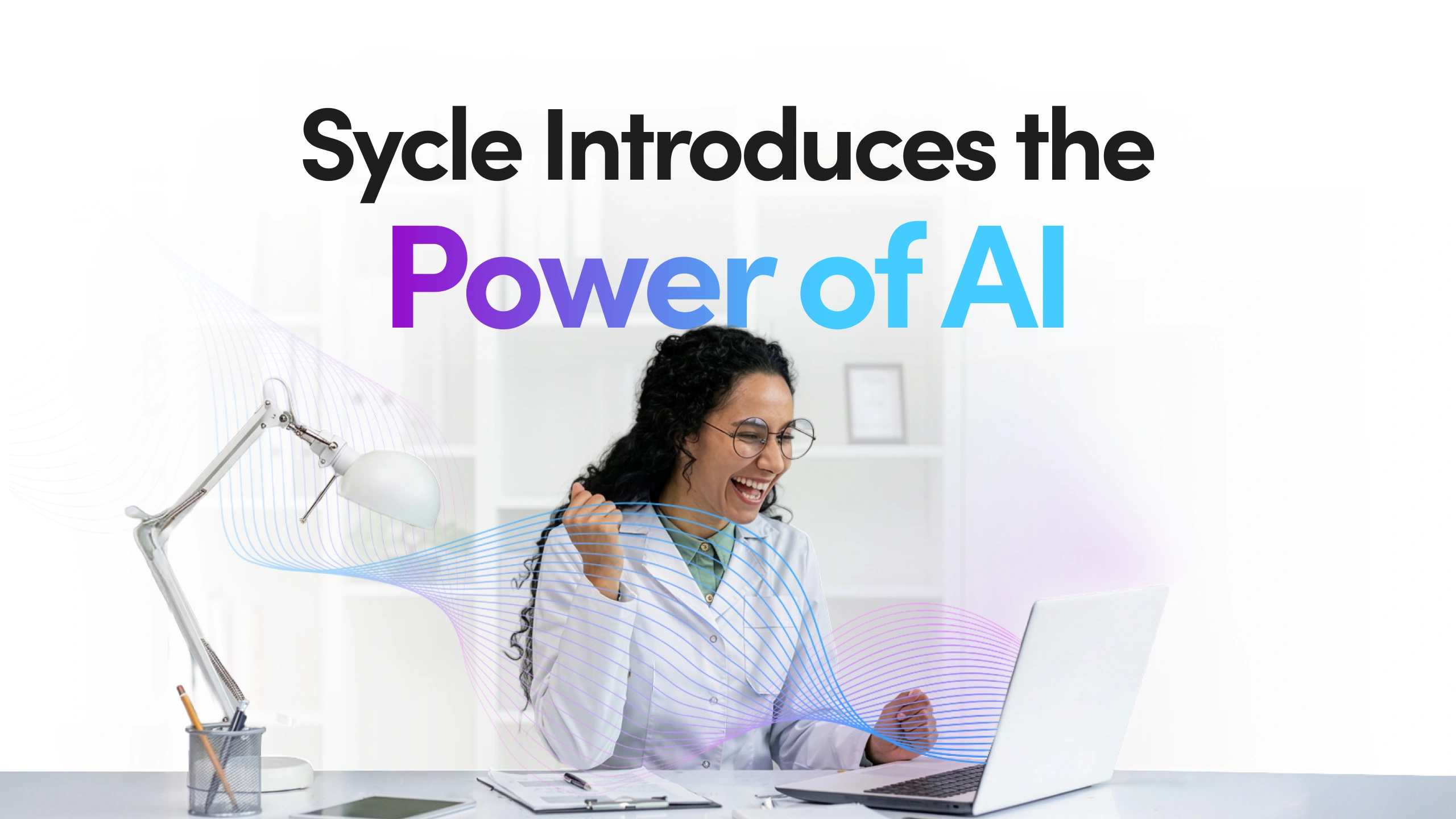 Woman celebrating while working on a laptop at a desk with Sycle Introduce the Power of AI Text at her back
