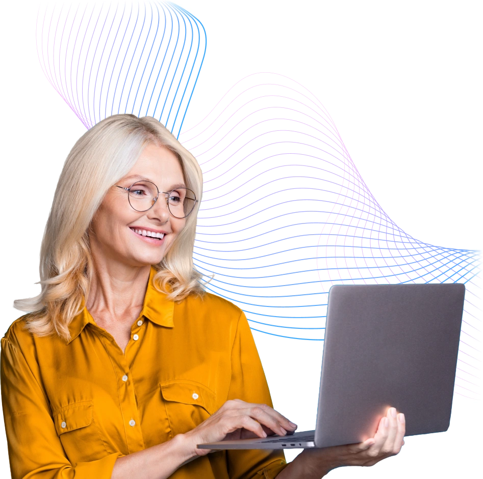 Woman using a laptop with abstract wave lines in the background